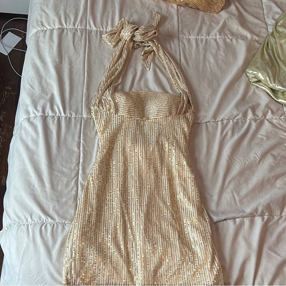 Gold Sequin Halter Dress